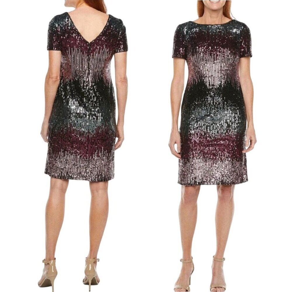 R&M Richards Sequined Ombre Sorry Sleeve V Back Cocktail Dress Pink Size 12